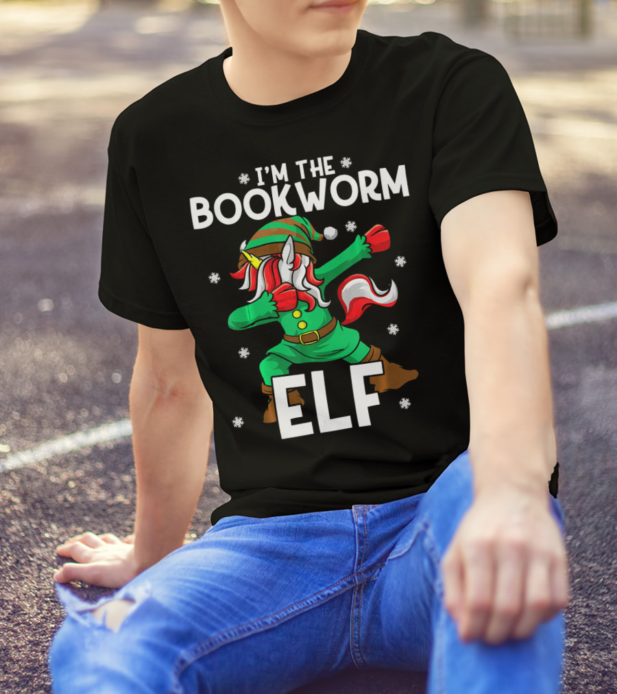 I'm The Bookworm Elf Unicorn Book Lover With Festive Dance And Snowflake Magic T-Shirt