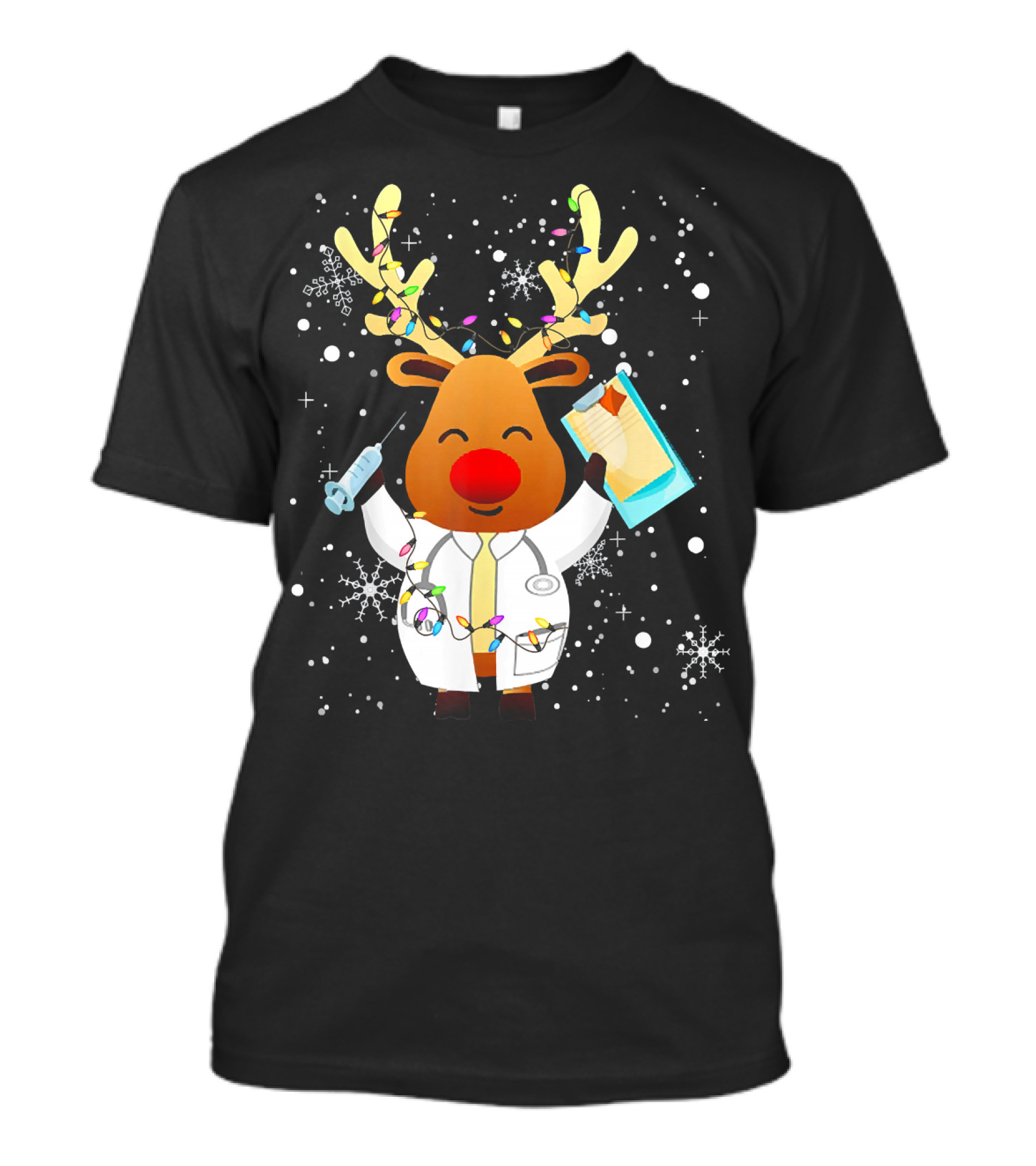 Funny Xmas Reindeer Doctor Theme With Holiday Lights And Snowflakes T-Shirt