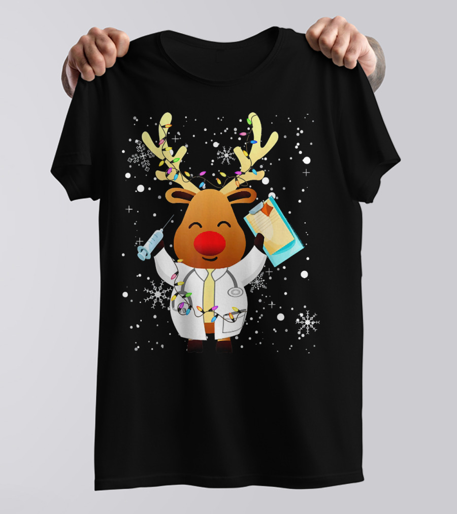 Funny Xmas Reindeer Doctor Theme With Holiday Lights And Snowflakes T-Shirt
