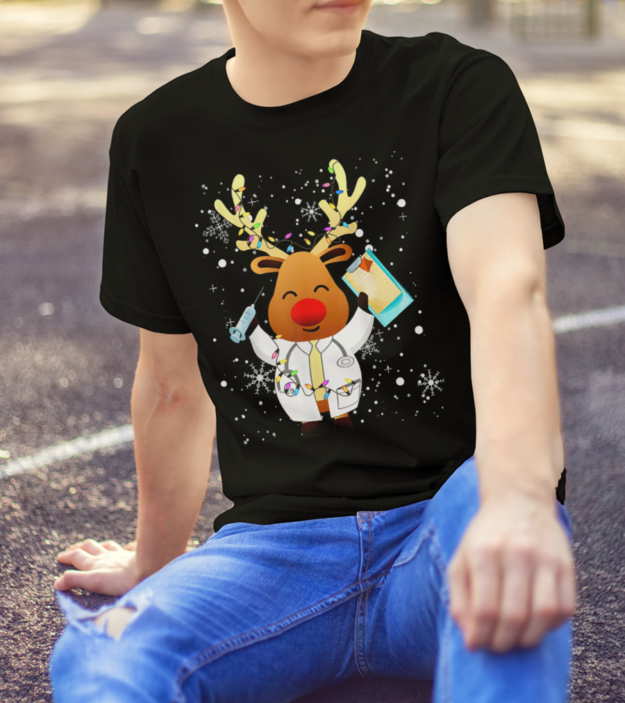Funny Xmas Reindeer Doctor Theme With Holiday Lights And Snowflakes T-Shirt