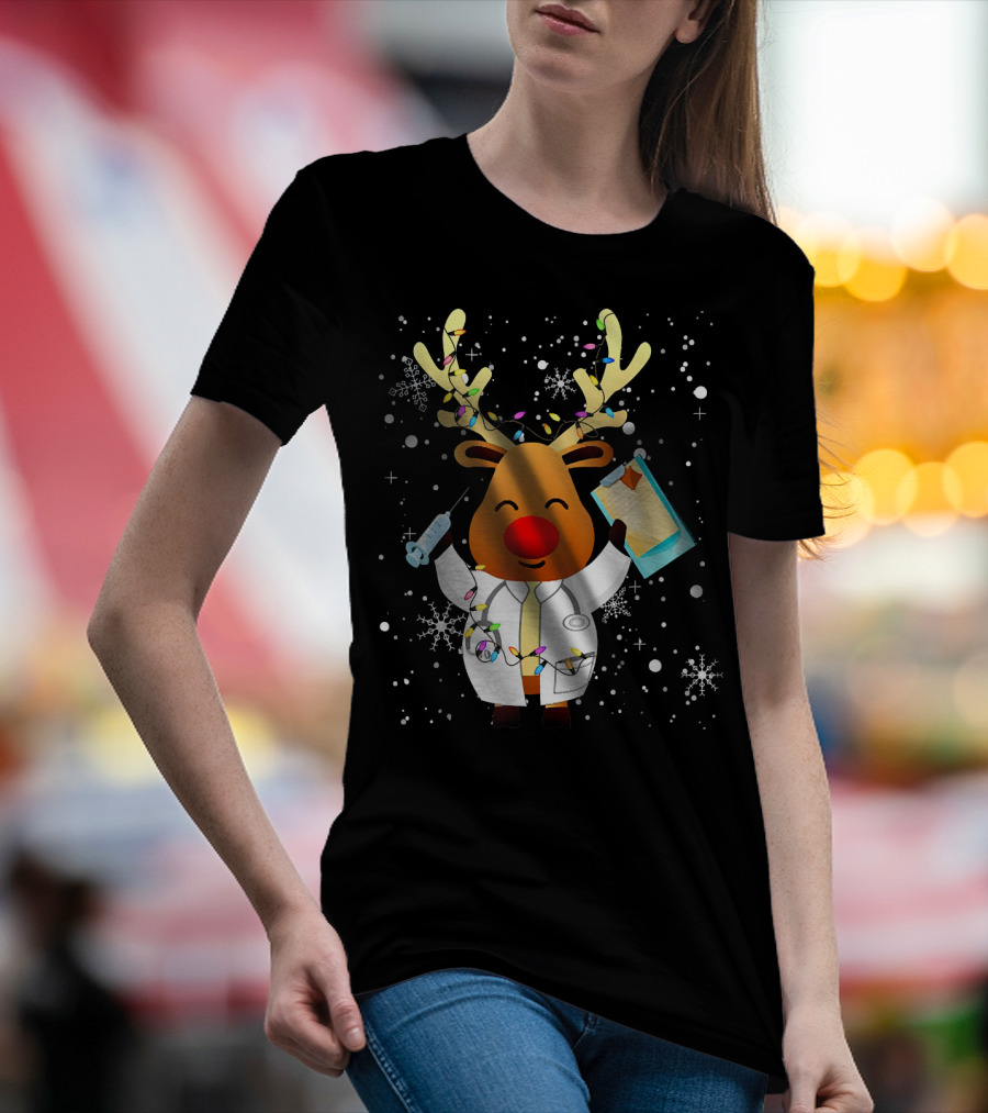 Funny Xmas Reindeer Doctor Theme With Holiday Lights And Snowflakes T-Shirt