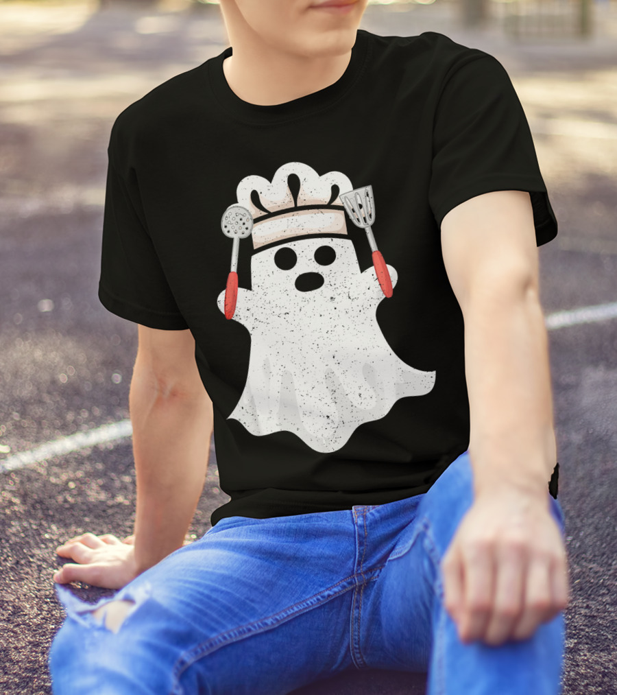 Halloween Ghost Chef Funny Boo With Cooking Utensils T-Shirt