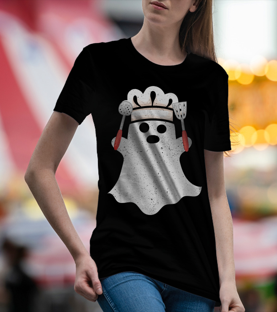 Halloween Ghost Chef Funny Boo With Cooking Utensils T-Shirt