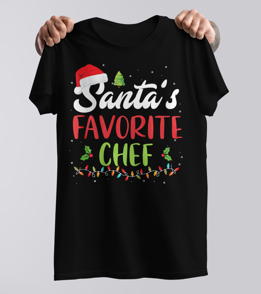Santa's Favorite Chef Christmas Lights Holly Santa Hat Tree T-Shirt