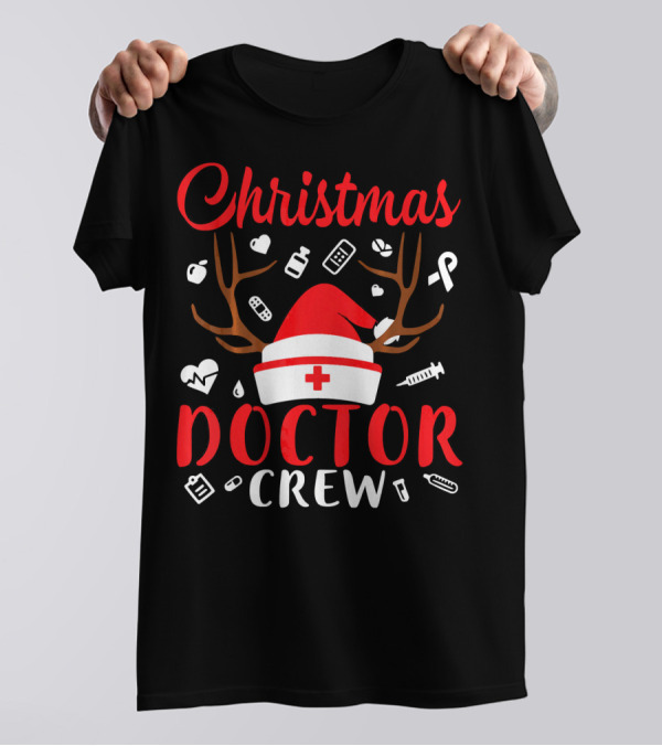 Christmas Doctor Crew Santa Hat Reindeer Antlers Medical Icons T-Shirt