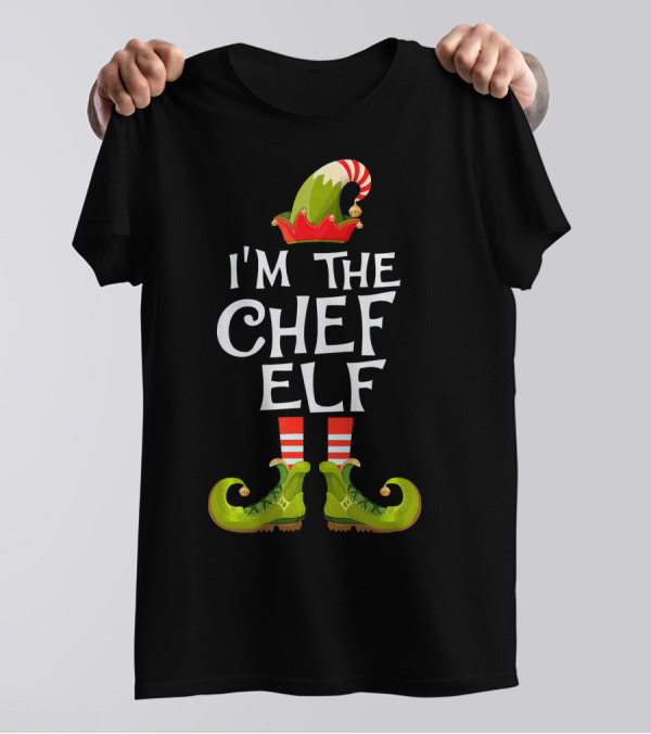 I'm The Chef Elf Festive Costume With Candy Striped Socks And Green Shoes T-Shirt