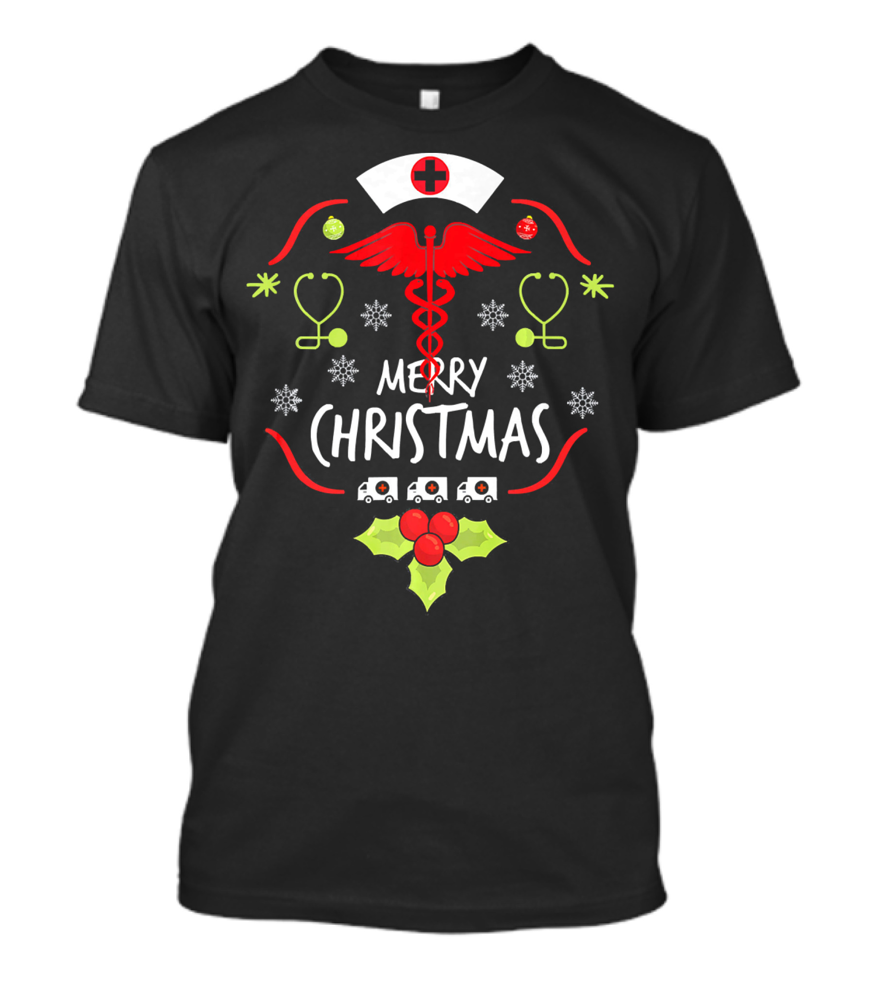 Merry Christmas Nurse Doctor Caduceus Stethoscope Ambulance Holly T-Shirt