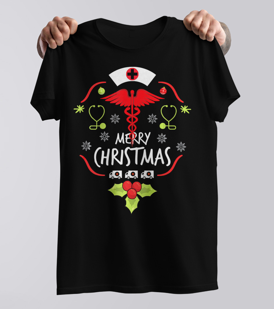 Merry Christmas Nurse Doctor Caduceus Stethoscope Ambulance Holly T-Shirt