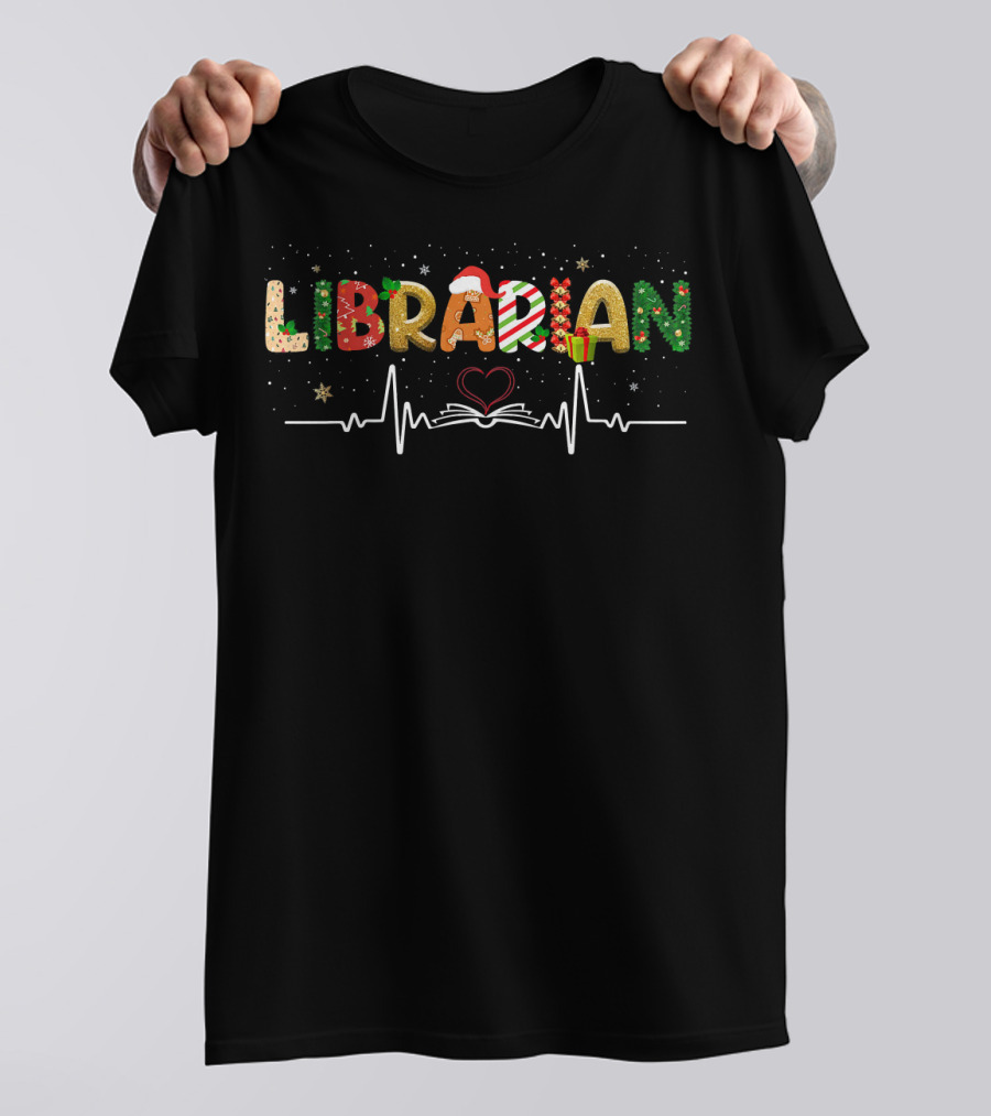 Librarian Heartbeat Christmas Hat Candy Cane Book Heart Stars T-Shirt