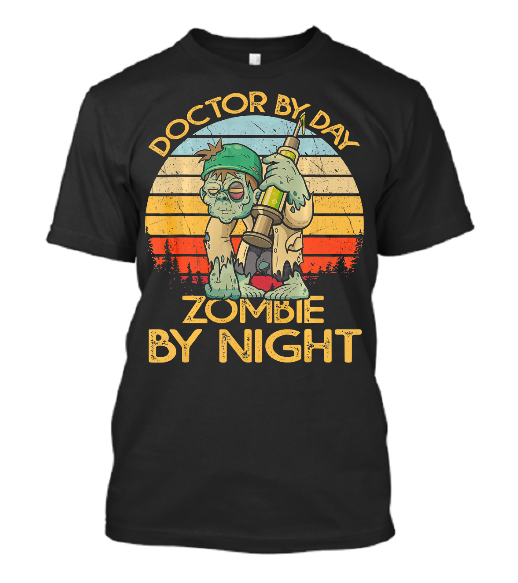 Doctor By Day Zombie By Night Retro Sunrise T-Shirt