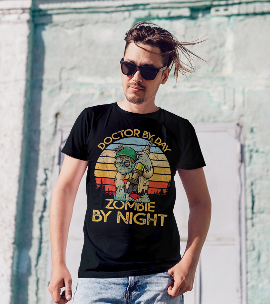 Doctor By Day Zombie By Night Retro Sunrise T-Shirt