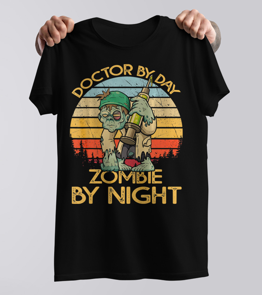 Doctor By Day Zombie By Night Retro Sunrise T-Shirt