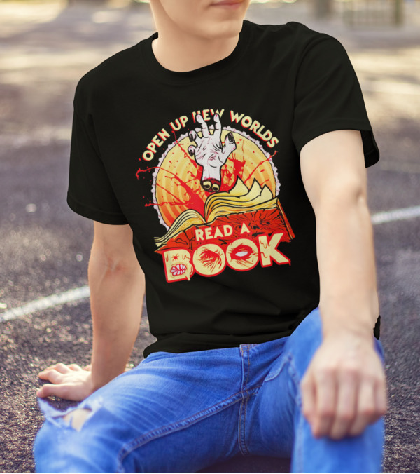 Open Up New Worlds Read A Book Zombie Hand Emerging From Open Book T-Shirt