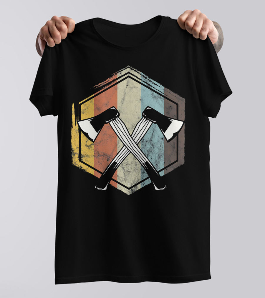 Mens Vintage Lumberjack Axe Retro Woodworking Iconic Hexagon Stripes T-Shirt