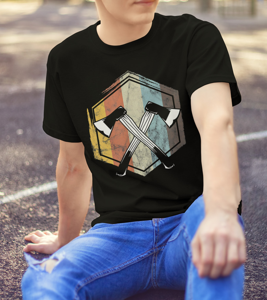 Mens Vintage Lumberjack Axe Retro Woodworking Iconic Hexagon Stripes T-Shirt