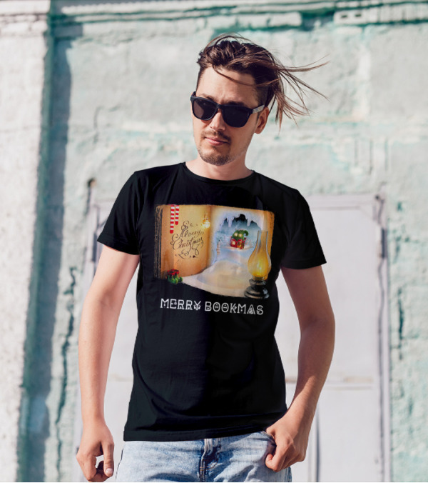 Merry Bookmas Merry Christmas Reading Book With Lantern And Winter Scene T-Shirt