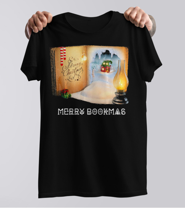 Merry Bookmas Merry Christmas Reading Book With Lantern And Winter Scene T-Shirt
