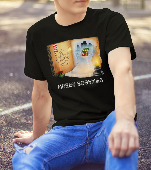 Merry Bookmas Merry Christmas Reading Book With Lantern And Winter Scene T-Shirt