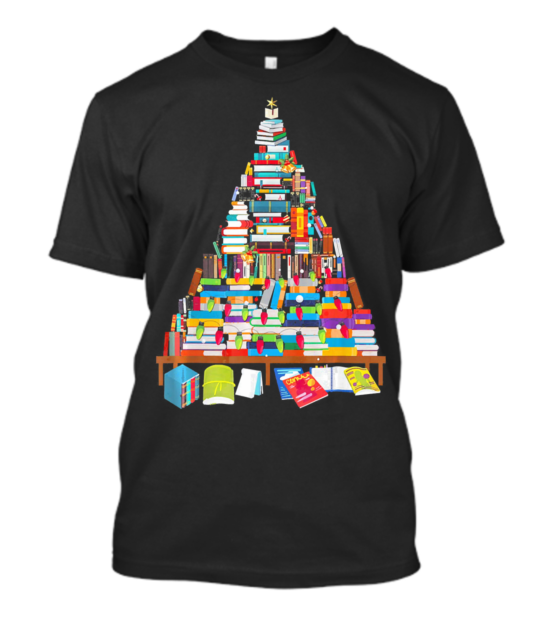 Librarian Christmas Books Tree With Stacked Book Decorations And Festive Holiday Lights T-Shirt