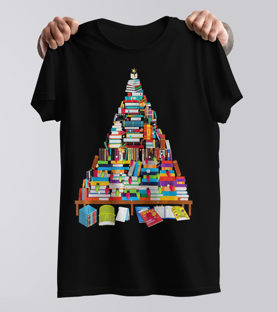 Librarian Christmas Books Tree With Stacked Book Decorations And Festive Holiday Lights T-Shirt