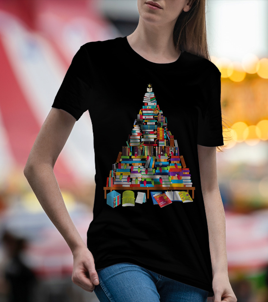 Librarian Christmas Books Tree With Stacked Book Decorations And Festive Holiday Lights T-Shirt