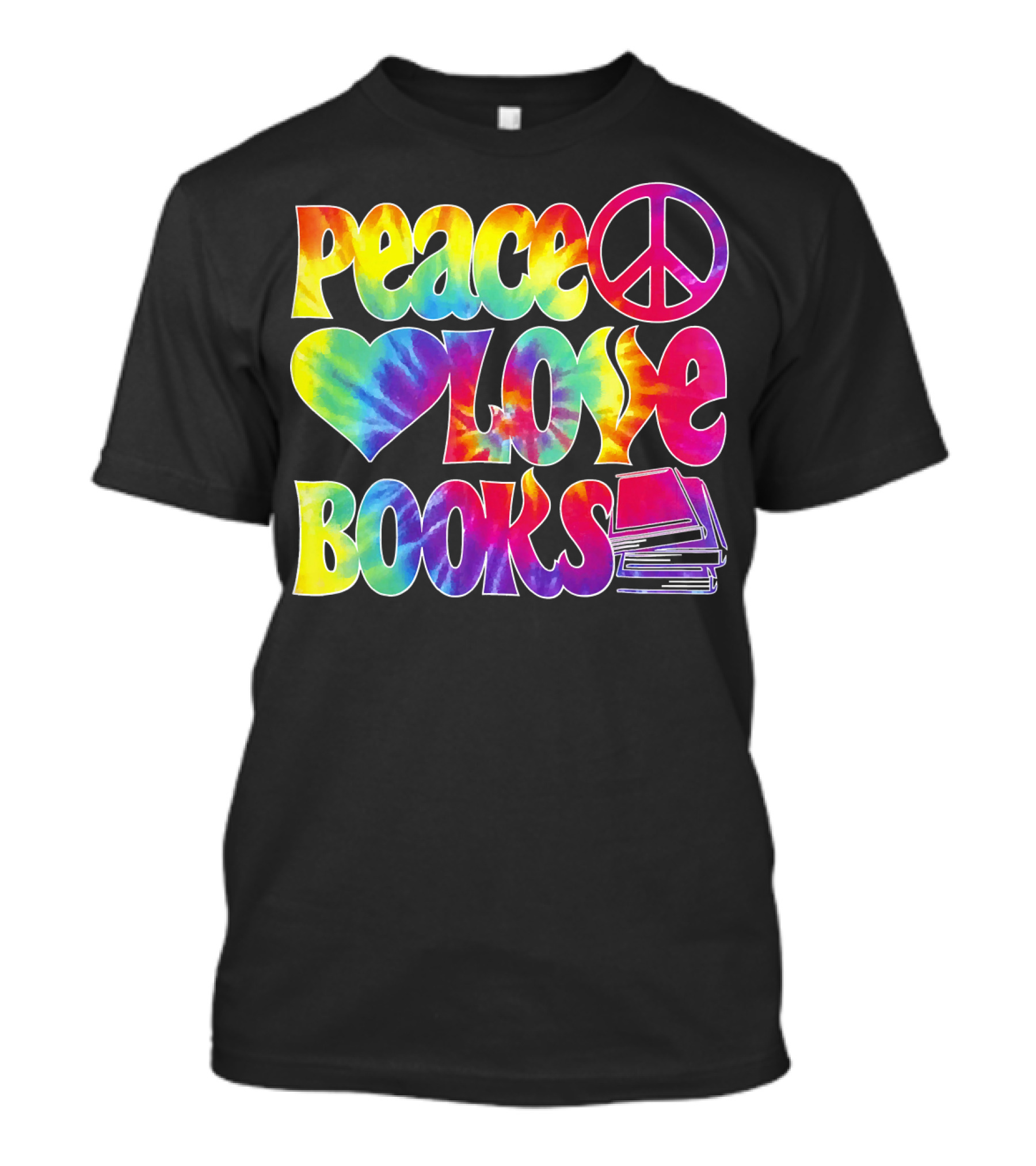 Peace Love Books Tie-Dye Peace Sign And Heart With Stacked Books T-Shirt