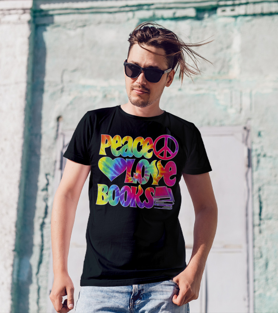 Peace Love Books Tie-Dye Peace Sign And Heart With Stacked Books T-Shirt
