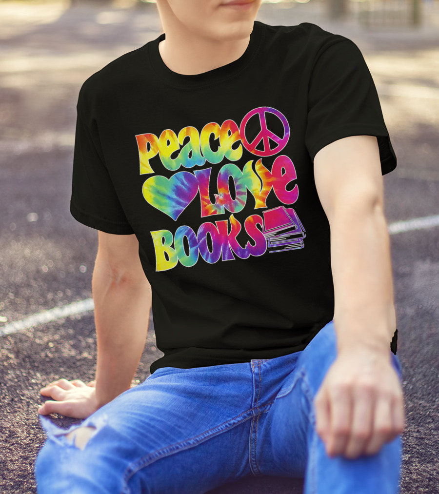 Peace Love Books Tie-Dye Peace Sign And Heart With Stacked Books T-Shirt