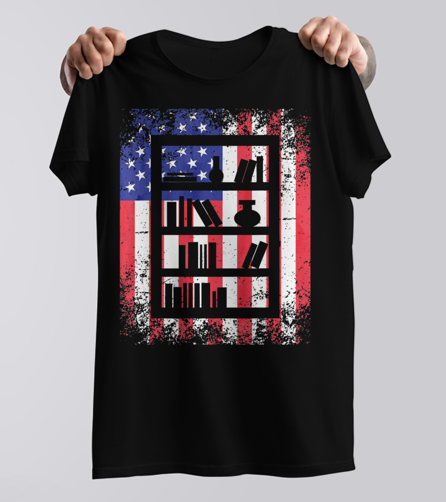 Librarian Dad Bookshelf USA Flag Patriotic T-Shirt