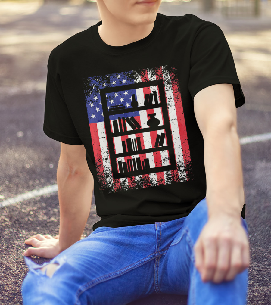 Librarian Dad Bookshelf USA Flag Patriotic T-Shirt