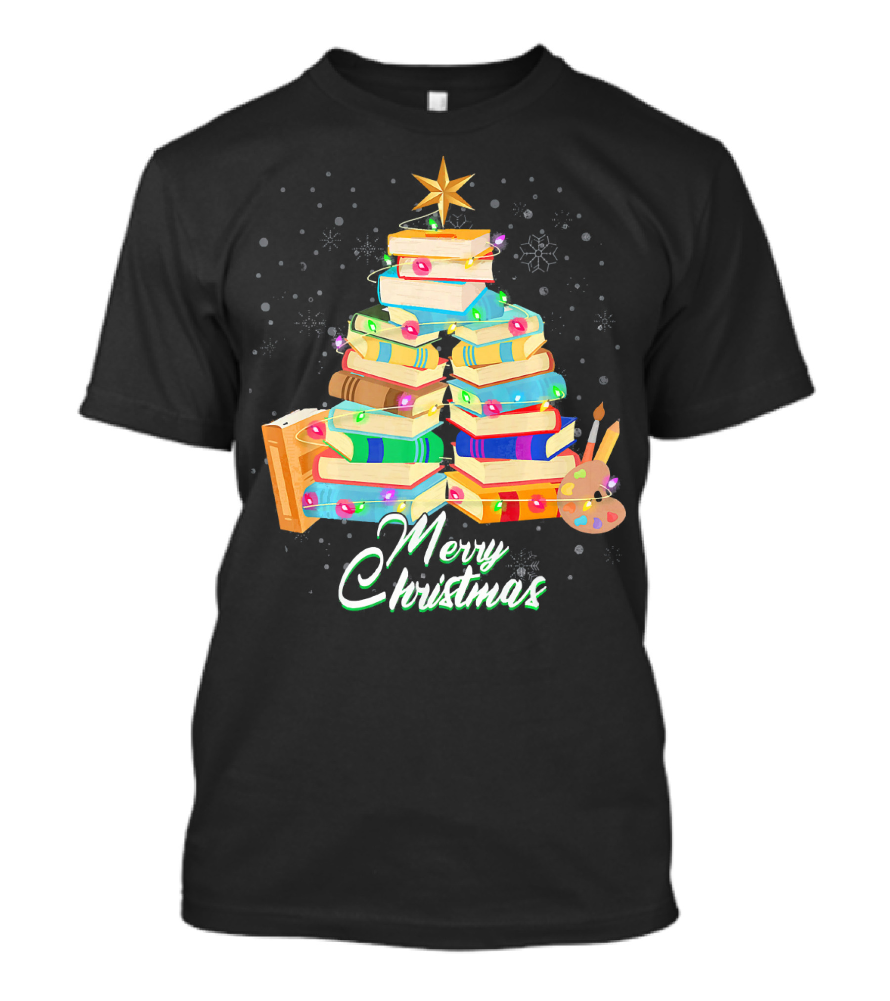 Merry Christmas Tree Of Books With Star And Snowflakes T-Shirt