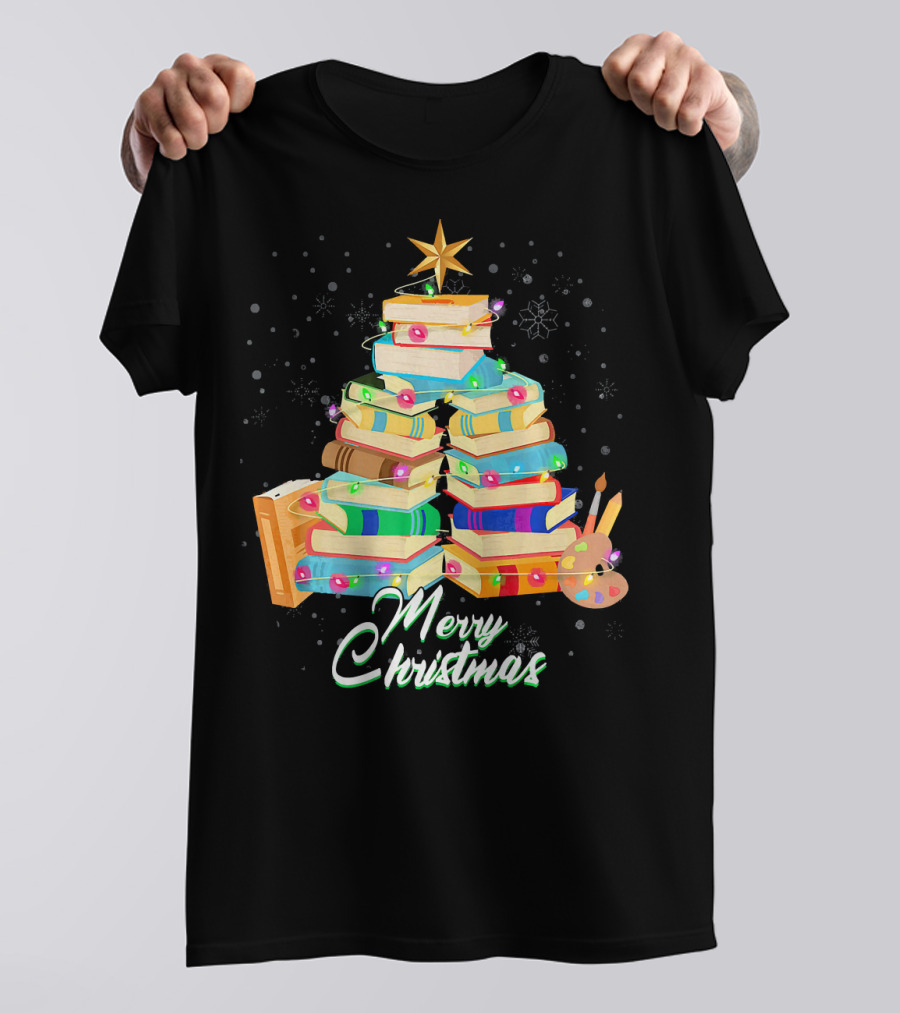 Merry Christmas Tree Of Books With Star And Snowflakes T-Shirt
