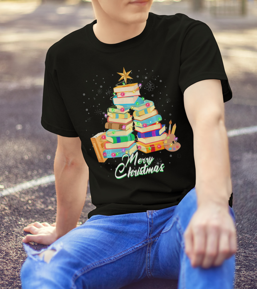 Merry Christmas Tree Of Books With Star And Snowflakes T-Shirt