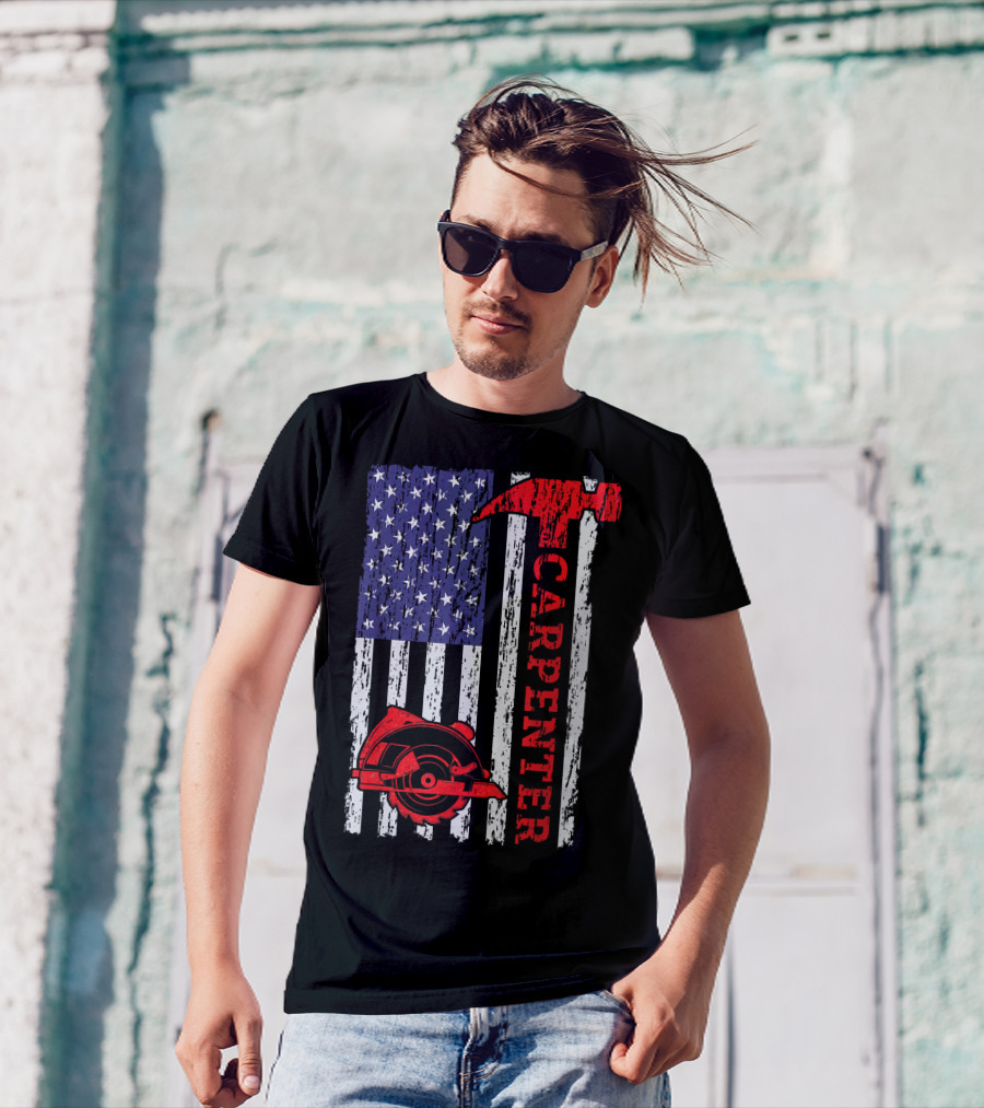 Carpenter Woodworking US Flag Hammer Saw Blade Patriotic T-Shirt
