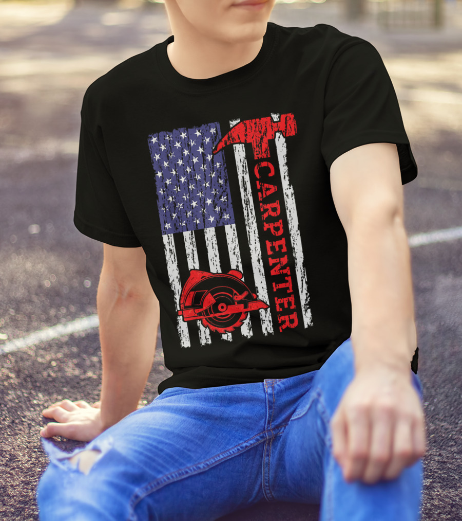 Carpenter Woodworking US Flag Hammer Saw Blade Patriotic T-Shirt