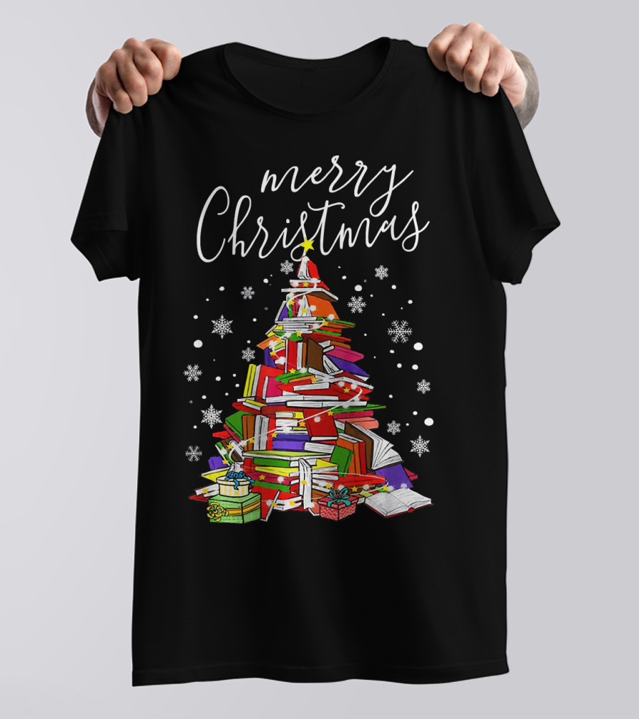 Merry Christmas Book Tree With Snowflakes And Gifts T-Shirt