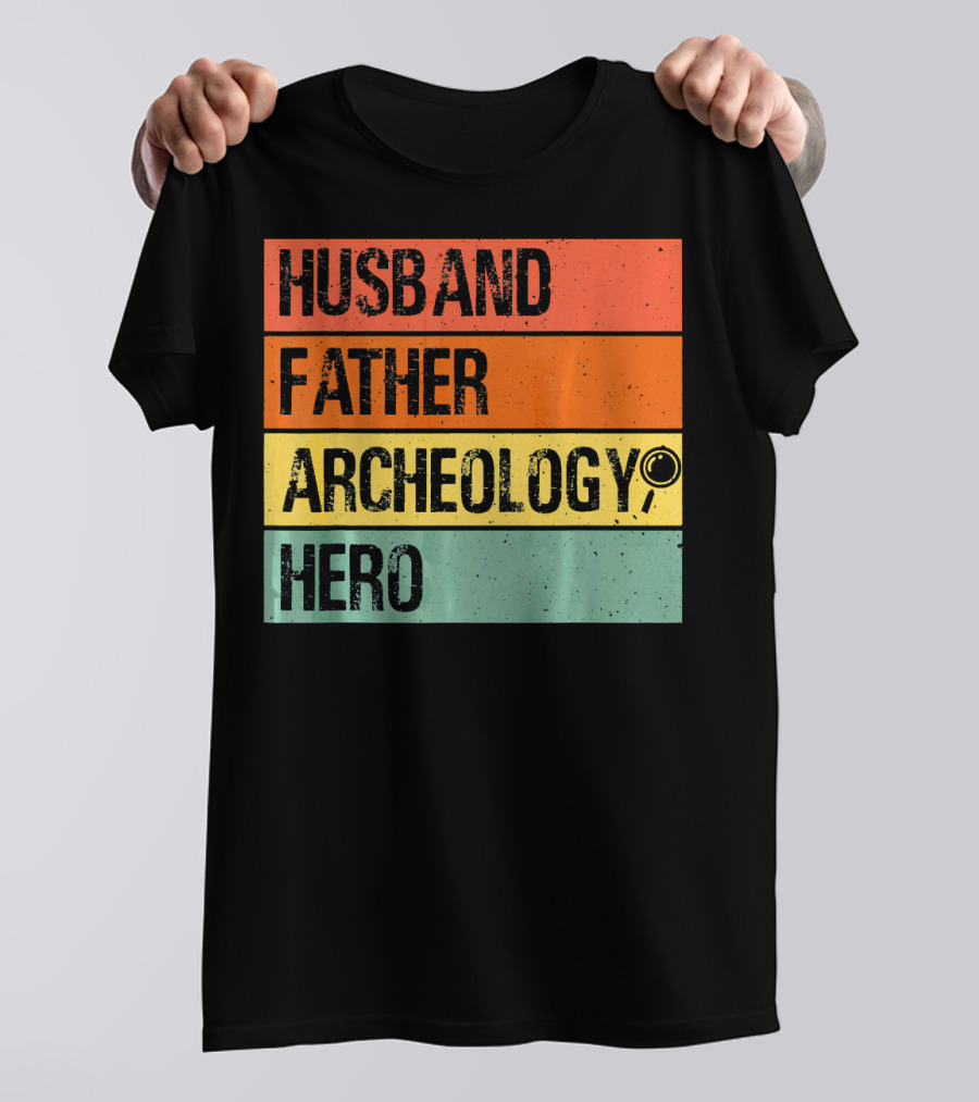 Husband Father Archeology Hero Magnifying Glass Icon Retro Stripes T-Shirt