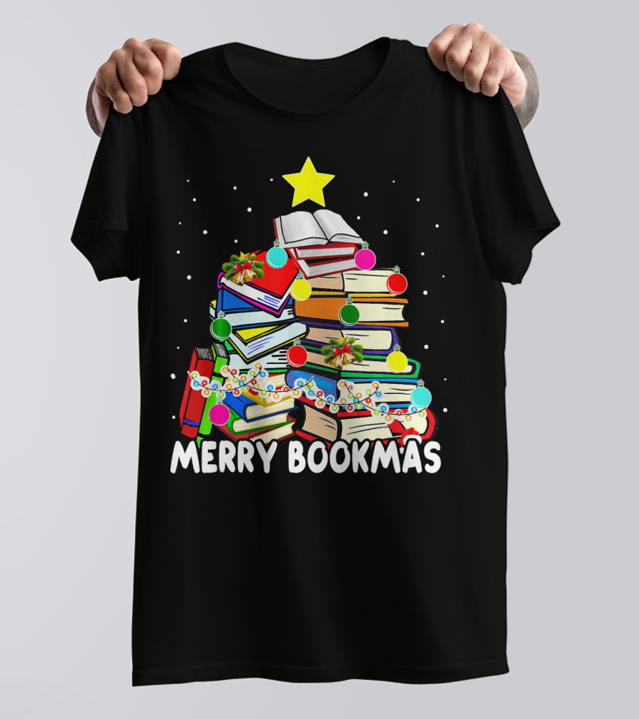Merry Bookmas Christmas Book Tree With Stars And Ornaments T-Shirt