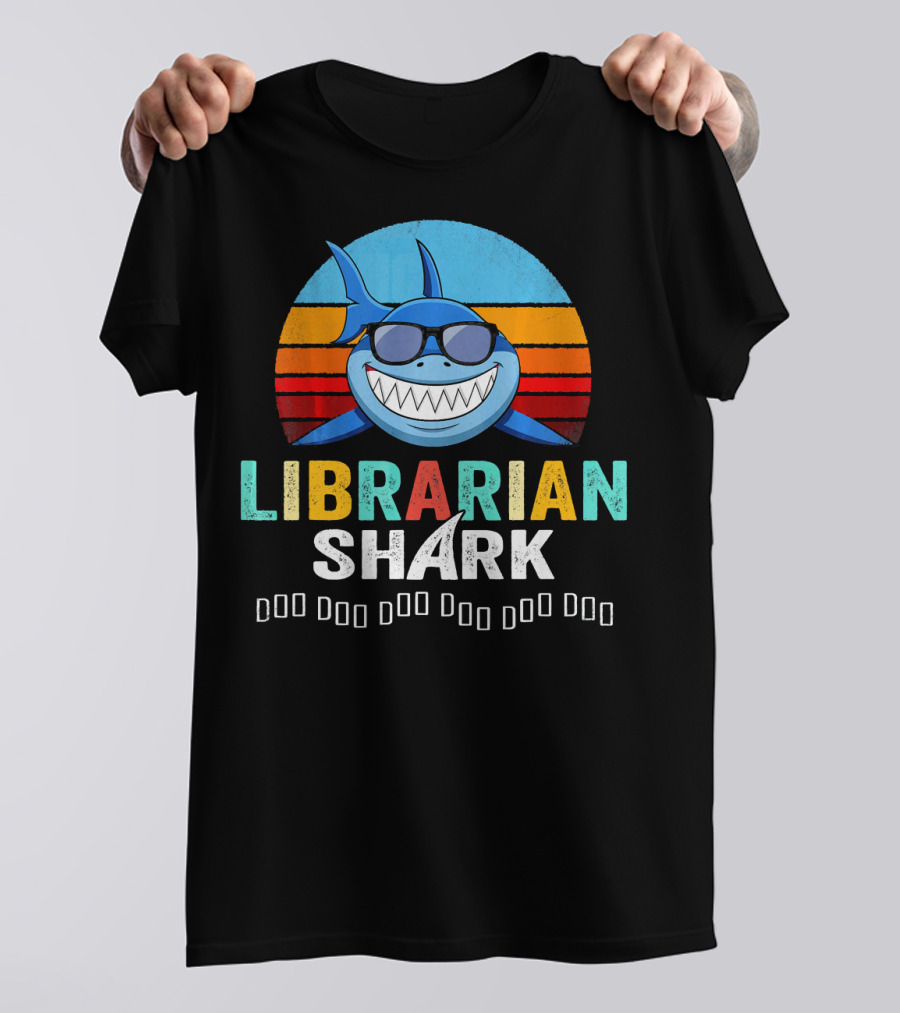 Librarian Shark Retro Sunset Book Lover Shark Wearing Sunglasses T-Shirt