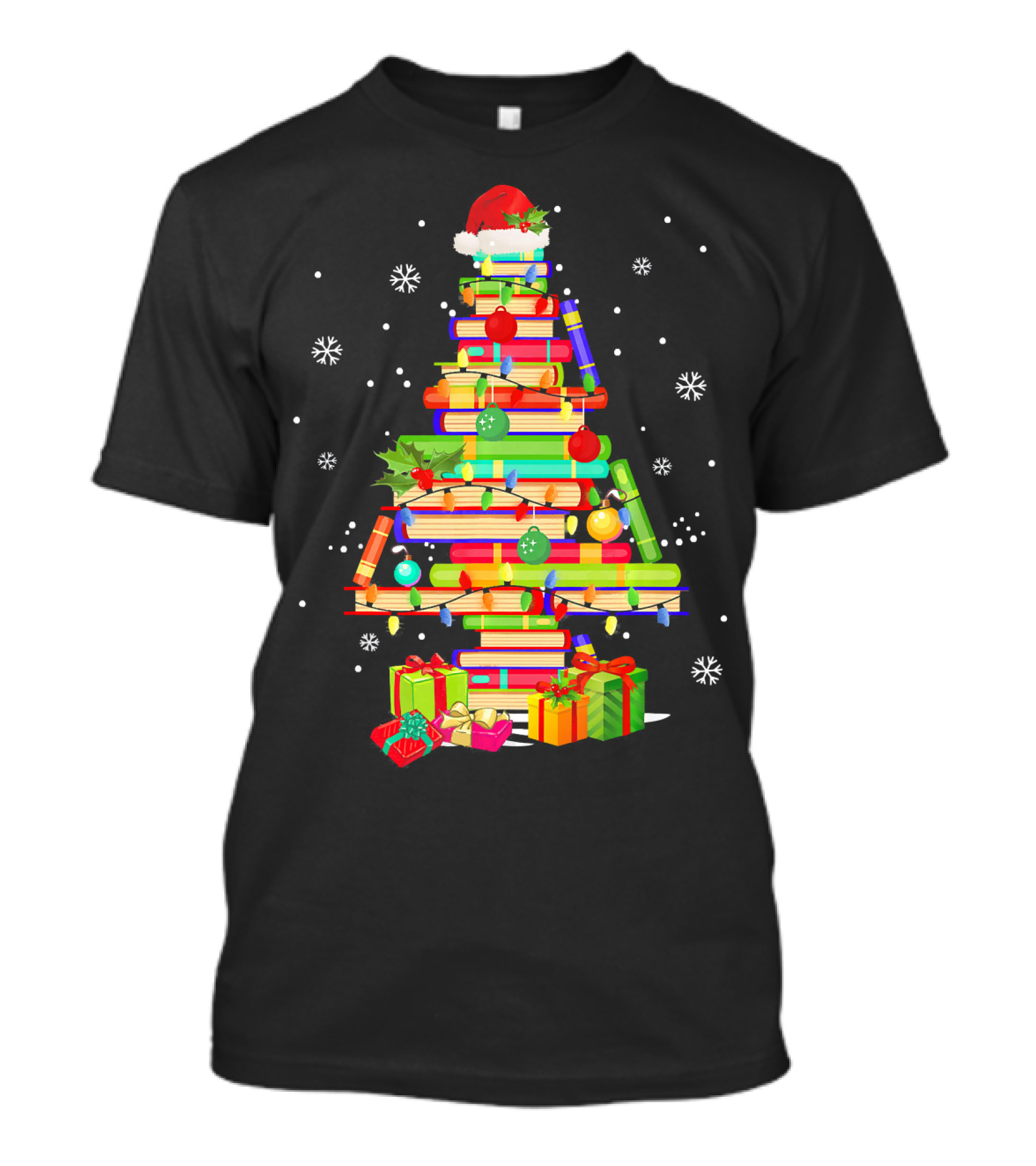Merry Christmas Tree Made Of Books With Santa Hat And Gifts T-Shirt