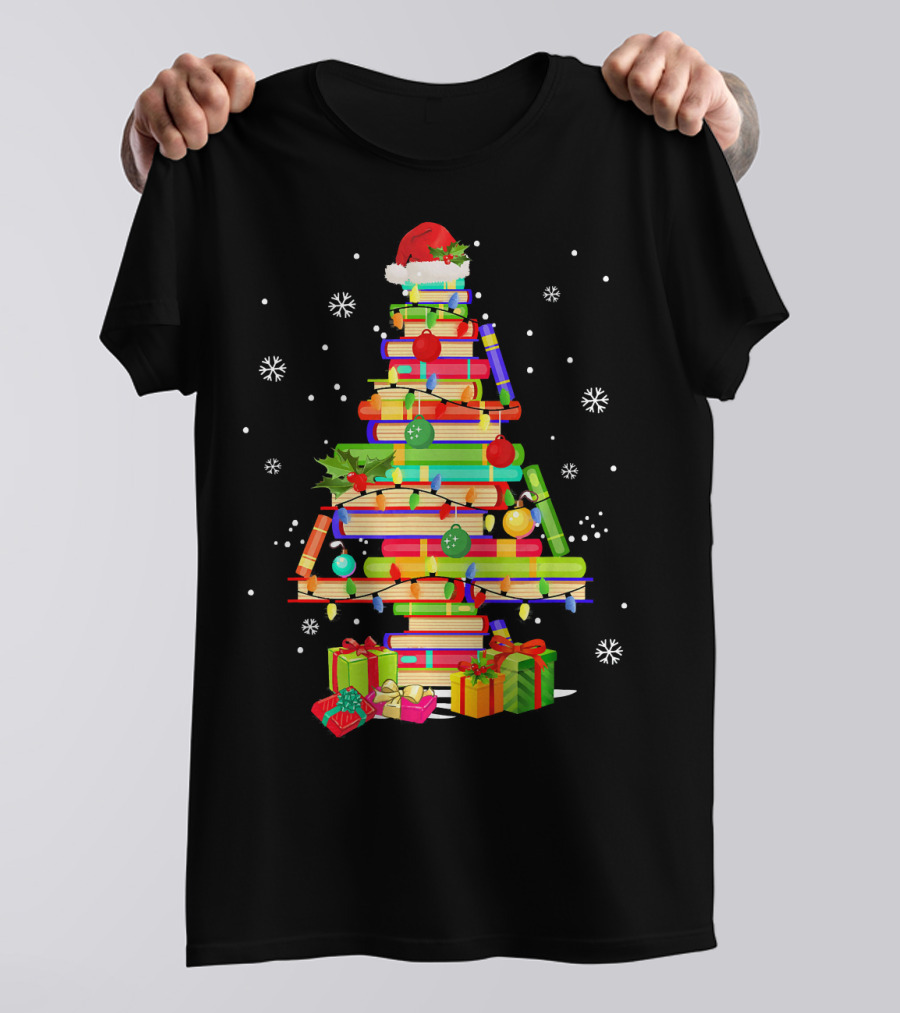 Merry Christmas Tree Made Of Books With Santa Hat And Gifts T-Shirt