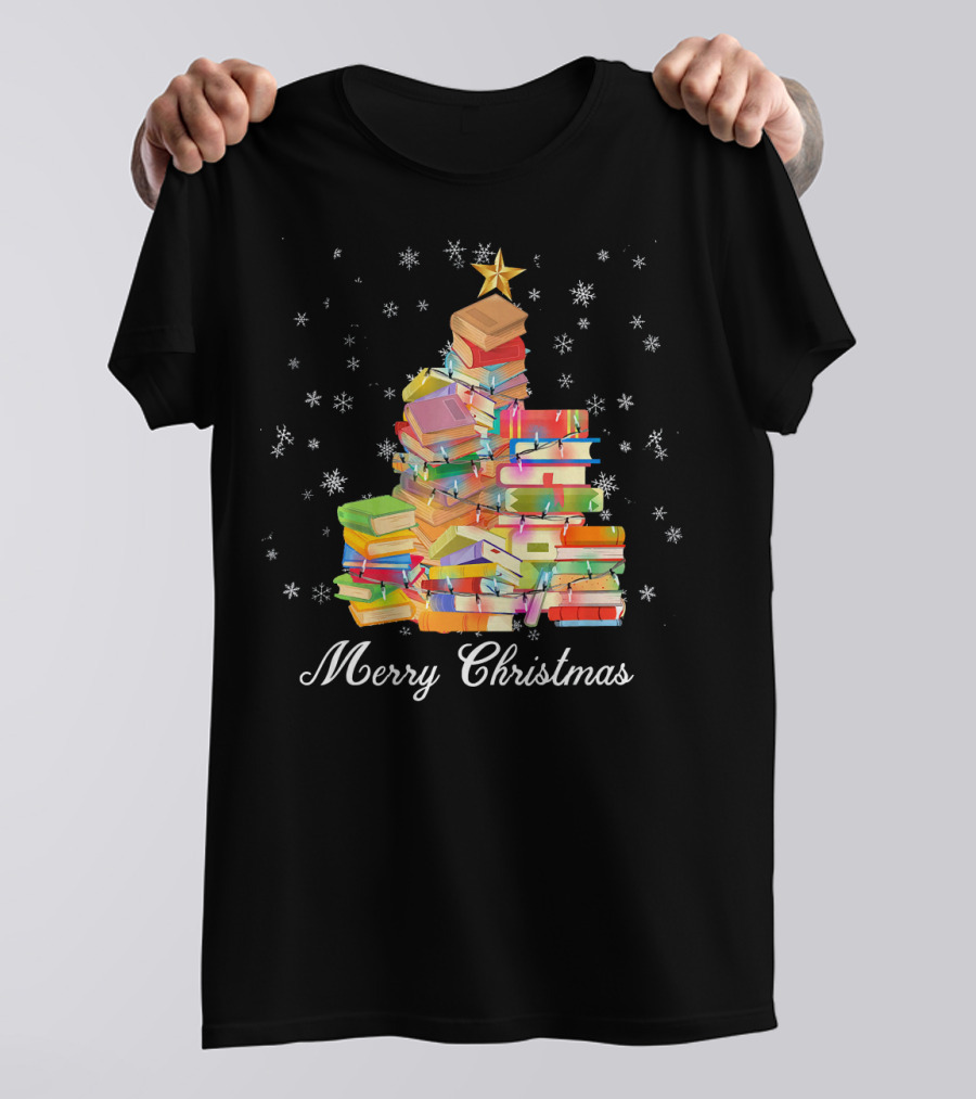 Merry Christmas Tree Funny Love Reading Books Stacked As Christmas Tree With Lights And Star T-Shirt