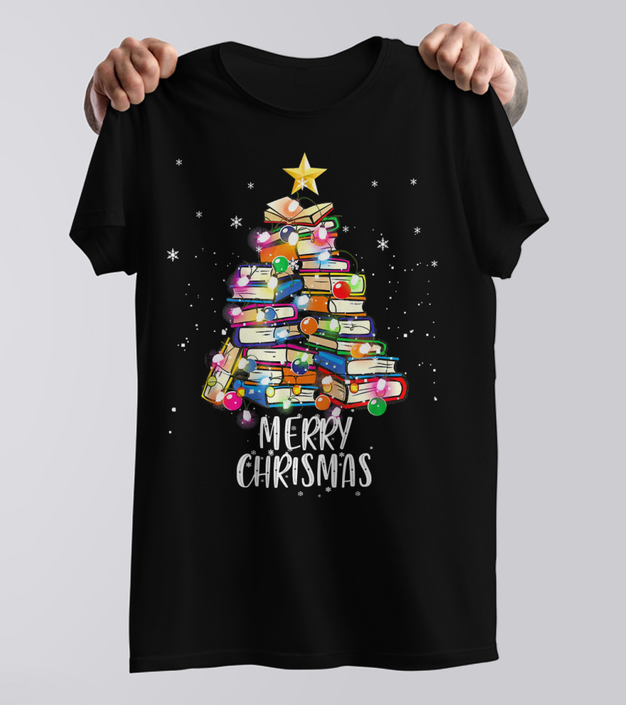 Merry Christmas Librarian Nerd Book Tree With Lights And Star T-Shirt
