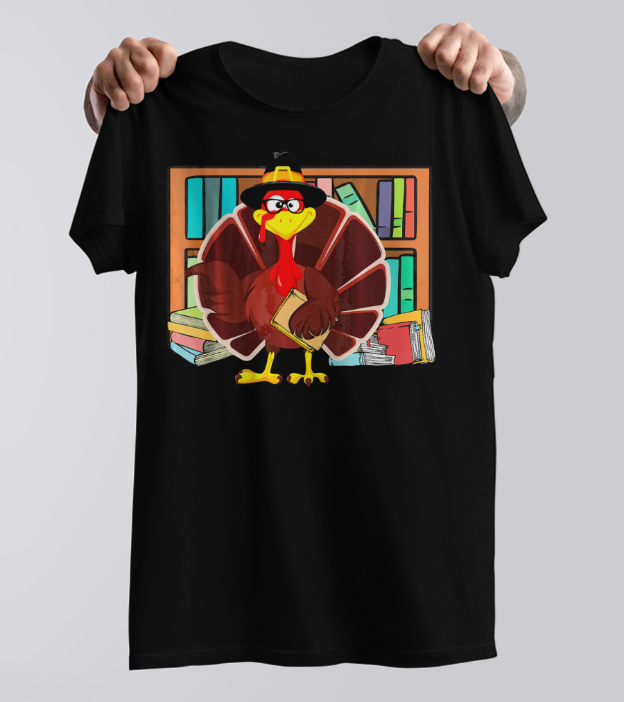 Librarian Turkey With Books And Glasses In Library Setting T-Shirt