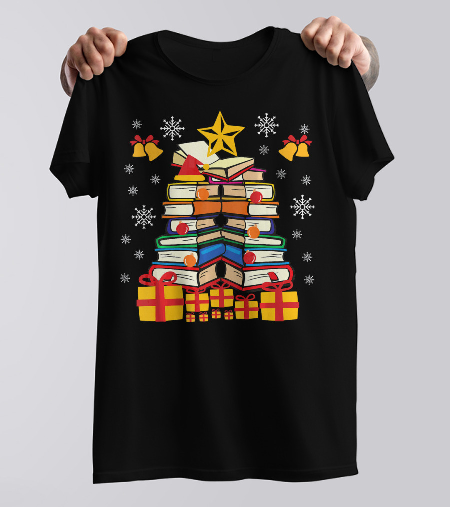 Librarian Christmas Tree Books Star Funny Gifts Snowflakes Bells T-Shirt