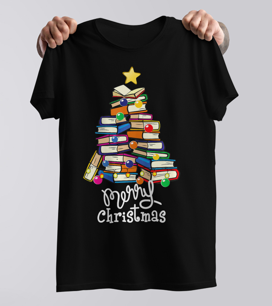 Merry Christmas Tree Teachers Love Reading Books Tree T-Shirt