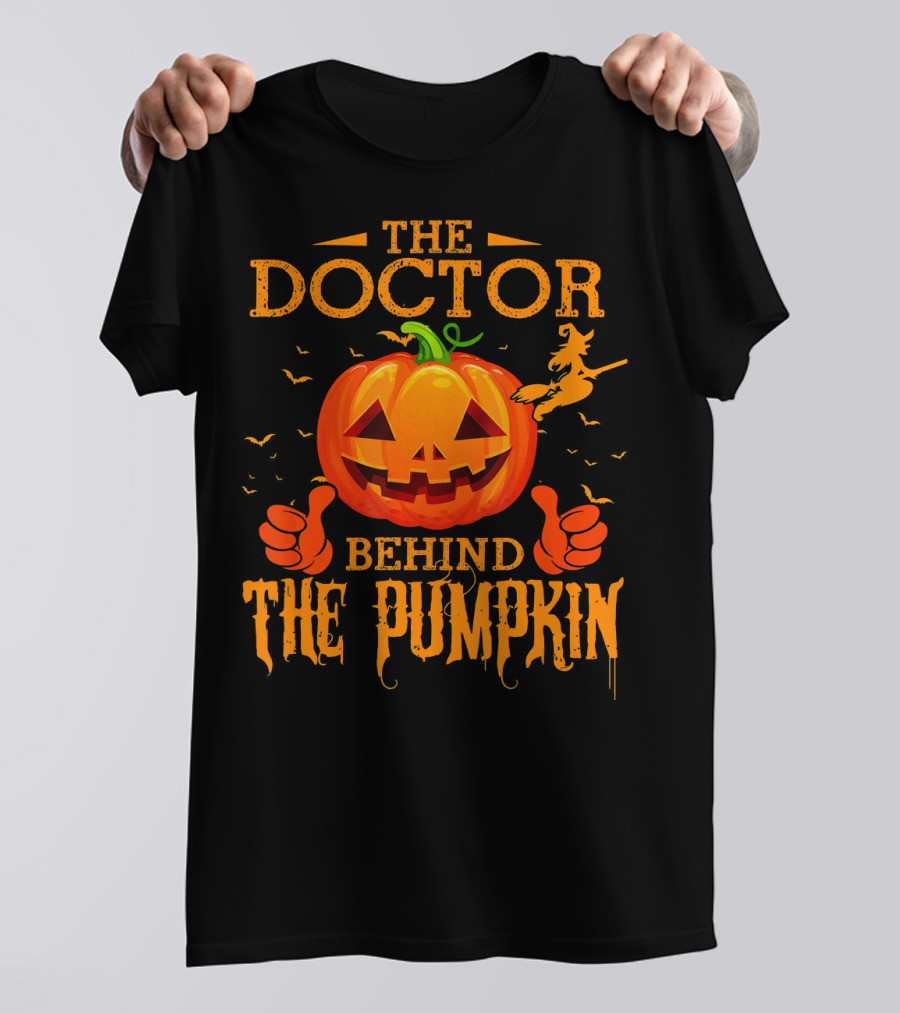 The Doctor Behind The Pumpkin Halloween Witch And Bat Scene T-Shirt
