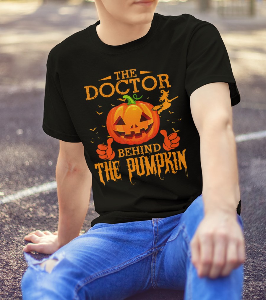 The Doctor Behind The Pumpkin Halloween Witch And Bat Scene T-Shirt