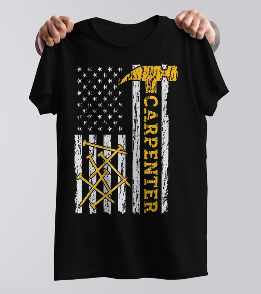 Mens Proud Carpenter Hammer And Nails US Flag Woodworking T-Shirt