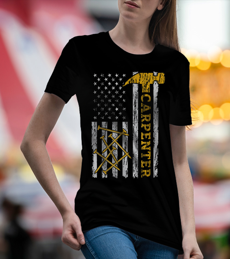 Mens Proud Carpenter Hammer And Nails US Flag Woodworking T-Shirt